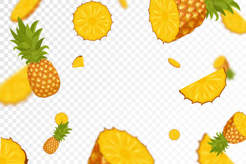 Flying pineapples, seamless pattern background with a whole and sliced pineapple fruits. Falling pineapples with blurred effect, realistic 3d vector illustration, isolated on transparent background