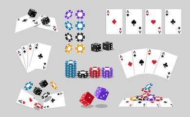 Casino cards and chips. Playing accessories for poker tournament flat cartoon style, gambling game coins dices in different angles. Vector isolated set