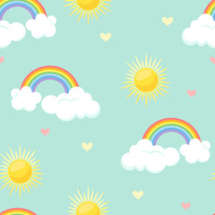 Childish seamless pattern with cute cartoon rainbow, clouds, sun and hearts. Vector baby background.