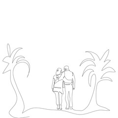 Fototapeta na wymiar Back view of adult couple are walking together in single line drawing style. Adult woman hug your boyfriend's waist in the park. Vector illustration flat continue line concept for Valentine’s Day.
