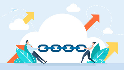 Business competition. Businessman and Businesswoman pull the chain as a symbol of rivalry, competition, and conflict. Tug war, two person pulling circuits in opposite directions. Flat illustration.