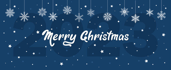 Fototapeta na wymiar Christmas greeting card with text and snowflakes on a dark blue background. Flat vector illustration