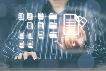 Document Management System concept business man show documents online with a secure storage system and convenient Can work more conveniently to increase the efficiency of work in the organization.
