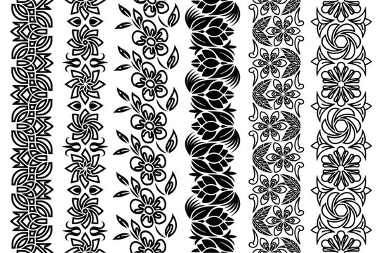 Black and white lace trim set. Collection of ornate floral borders. Seamless ornamental arabesque design elements. Seamless repeating patterns for your designs.
