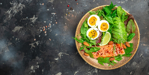Keto bowl salmon salad with greens, eggs and avocado. Ketogenic diet breakfast lunch. Long banner format. top view