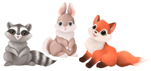 Cartoon woodland animals set, raccoon, rabbit, fox.. Hand drawn character, nursery illustration set on transparent background.