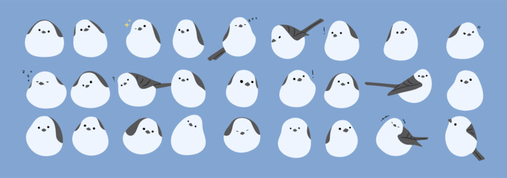 long tailed tit or shima enaga collection 1 cute on a blue background, vector illustration