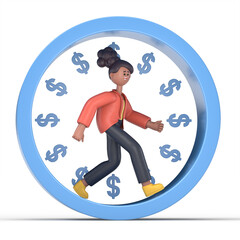 3D illustration of smiling african american woman Coco running on a wheel searching for money. Rat race. 3D rendering on white background.

