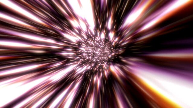 Hyperspace light speed space flight through bright flicker gold star space time wormhole vortex tunnel. 4K 3D Loop colorful Sci-Fi interstellar space travel background concept. Abstract 