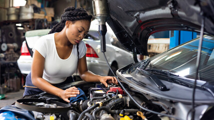 Charge electric power to ca battery by charging jumper cables. African  mechanic female uses  multimeter voltmeter to check voltage level in car battery at car service and maintenance garage.