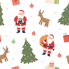 Christmas seamless pattern with Santa Claus, deer, Xmas tree, gift boxes on white background. Wrapping paper, textile, greeting cards. Vector illustration