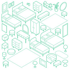 Isometric Bedroom Outline Furniture Set