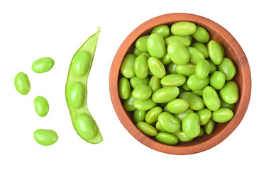Green soy beans in wooden bowl on transparent png top view..