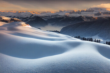 Snow covered mountain aerial view from drone showing spectacular alpine landscape of winter...