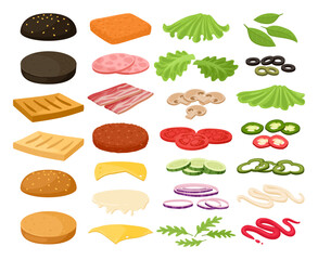 Burger ingredients, veggies, bun and meat patty. Cartoon fast food, burger and sandwich constructor, grilled meat, sliced veggies and sauce flat vector illustration set. Ingredients for burger
