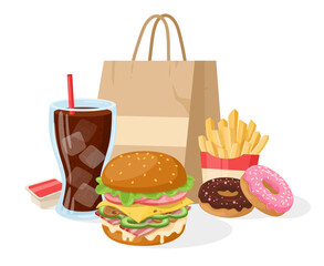 Cartoon fast food meal concept, cheese burger, french fries and soda pop. Junk food menu, burger with grilled meat and cheese and fried potatoes flat vector illustration. Takeaway food scene