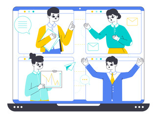 Business call or video conference, people meeting concept. Freelance person conversation, discussion and brainstorming flat vector illustration. Video call on computer screen