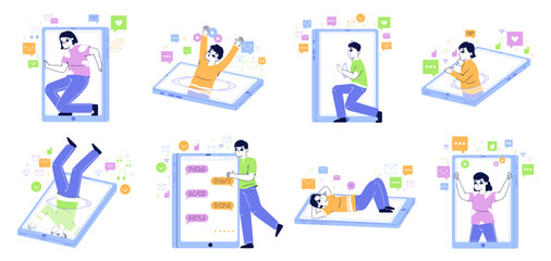 People addicted to gadgets, social media addiction. Smartphone, laptop and tablet addiction, day-and-night internet surfing flat vector illustration set. Gadget addiction concept collection