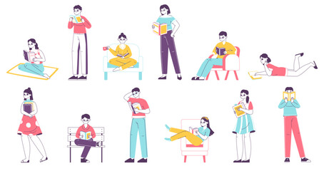 Reading people, book lovers and literature fans. Man and woman read books, studying characters flat vector illustration set. Book readers collection