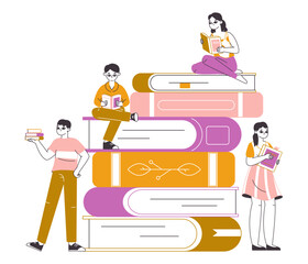 Book pile, reading literature lovers. People read books, entertaining and educational book fair flat vector illustration. Literature fans concept