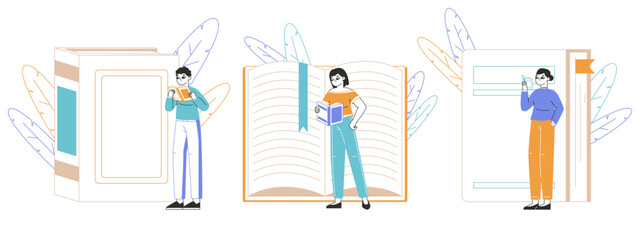 People reading literature, book lovers characters. Studying man and woman reading huge books flat vector illustration. Classic literature fans