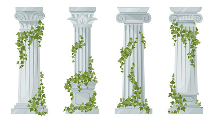 Fototapeta premium Antique ivy-covered classic greek columns. Cartoon ancient roman pillars with climbing ivy branches isolated flat vector illustration on white background