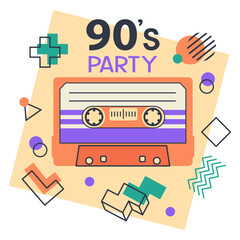 Audio and stereo 90s music tape sticker. Retro 80s cassette tape, disco party badge, pop culture song tape isolated flat vector illustration on white background