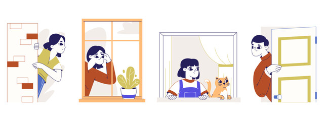 Curious spying people, peeping searching characters. Men and women secretly looking out from door or window, observing people isolated flat vector illustration on white background