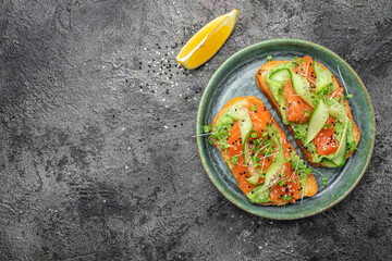 two toasts with salted salmon, guacamole avocado and fresh greens on plate. superfood concept. Healthy, clean eating. Vegan or gluten free diet. top view