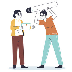 Man and woman using searching bars, people surfing internet. Characters browsing info with search bars, web searching isolated flat vector illustration on white background