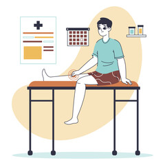 Man suffering from knee pain in hospital. Sick male patient suffer from injury pain, unhappy person with bone ache isolated flat vector illustration on white background