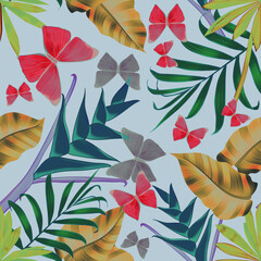 Seamless pattern with butterflies and Tropical flowers and leaves. Stylish trendy fashion floral pattern - 545688992