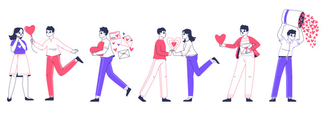 Fototapeta na wymiar Romantic people in love sharing and giving hearts. Love sharing, valentines day love letters, men and women giving hearts isolated flat vector illustrations on white background