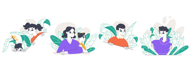 Spying, peeping people, curious searching characters. Men and women secretly looking out from bushes, searching observing people isolated flat vector illustration on white background