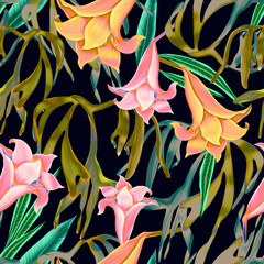 Colourful Seamless Pattern with tropic flowers and leaves. Hi quality fashion design. Fresh and unique botanical background - 545689172