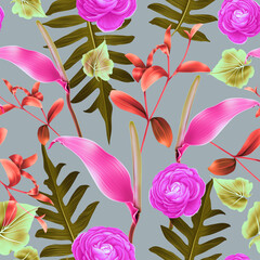 Colourful Seamless Pattern with tropic flowers and leaves. Hi quality fashion design. Fresh and unique botanical background - 545689300