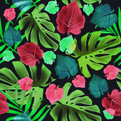 Seamless tropical flower, plant and leaf pattern background.Modern exotic design for paper, cover, fabric, interior decor and other users.. - 545689366