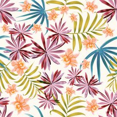 Fototapeta na wymiar Colourful Seamless Pattern with tropic flowers and leaves. Hi quality fashion design. Fresh and unique botanical background