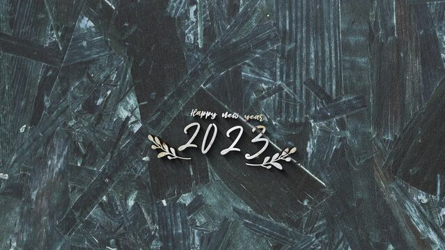3D animation of 2023 Happy New Year silver wood chrome text cinematic title. Ending cover for end scence trailer winter snow, Christmas and New year event background
