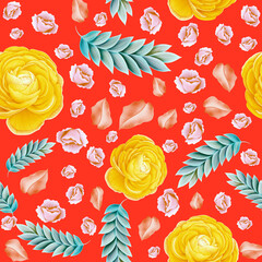 Colourful Seamless Pattern with tropic flowers and leaves. Hi quality fashion design. Fresh and unique botanical background - 545690165