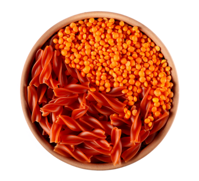 Fusilli made from red lentils, pile uncooked pasta in clay pot isolated on white, top view 