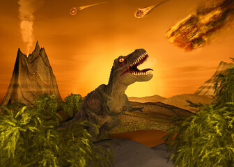 Dinosaurier während des Einschlags eines Asteroiden - obrazy, fototapety, plakaty