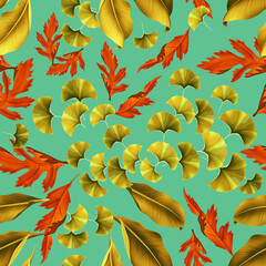 Colourful Seamless Pattern with tropic flowers and leaves. Hi quality fashion design. Fresh and unique botanical background - 545690588