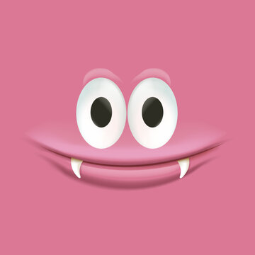 Vector funny pink monster face with open mouth with fangs and eyes isolated on pink background. Halloween cute and funky monster design template for poster, banner and tee print