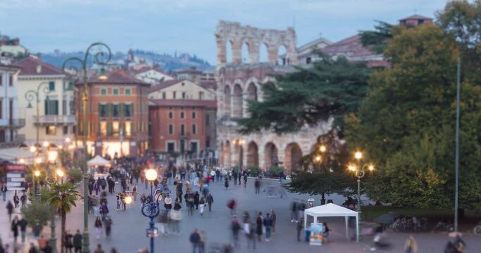 4K Timelapse tiltshift of Piazza Bra a beautiful square in Verona, Italy