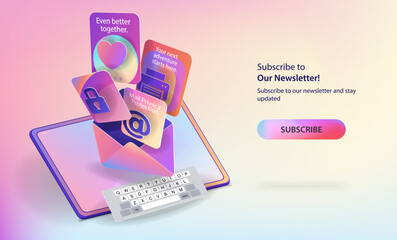 A web banner with a digital tablet and an envelope with flying icons and a subscribe button