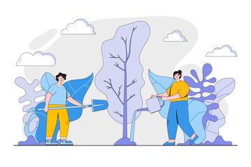 Volunteers at work. Happy young couple, man and woman planting and watering tree together. Concept of volunteering and charity social. Flat cartoon character design for web landing page, banner