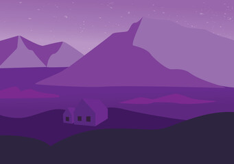 Iceland landscape with mountains, sea, land and house. Textured background. Flat style.Light violet to dark blue gradient colors on layers. Digital vector illustration. Trendy. Sunrise. Winter