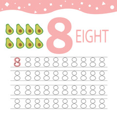 Kids learning material. Card for learning numbers. Number 8  and avocado fruit