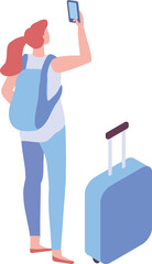 Isometric woman with luggage in airport. Trip, airport. 